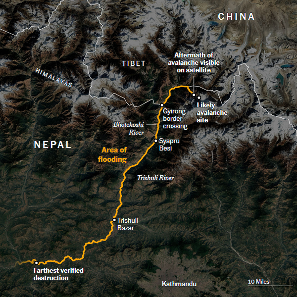 Map of the Nepal-Tibet border showing the avalanche site and the flooded rivers